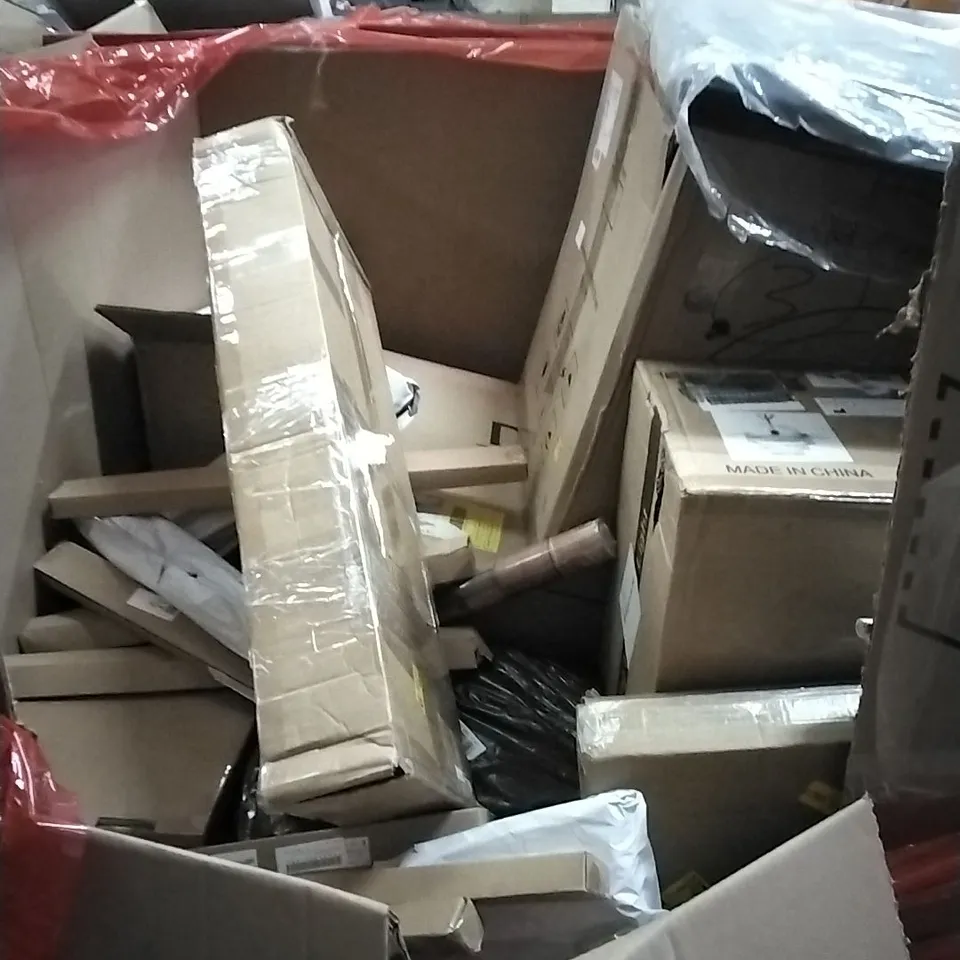 PALLET OF HOUSEHOLD ITEMS TO INCLUDE CEILING FAN WITH LIGHT, CHANDELIER CEILING LIGHT, CHEFMAN TURBOFRY,SHOWER SYSTEM AND OTHER ASSORTED ITEMS...