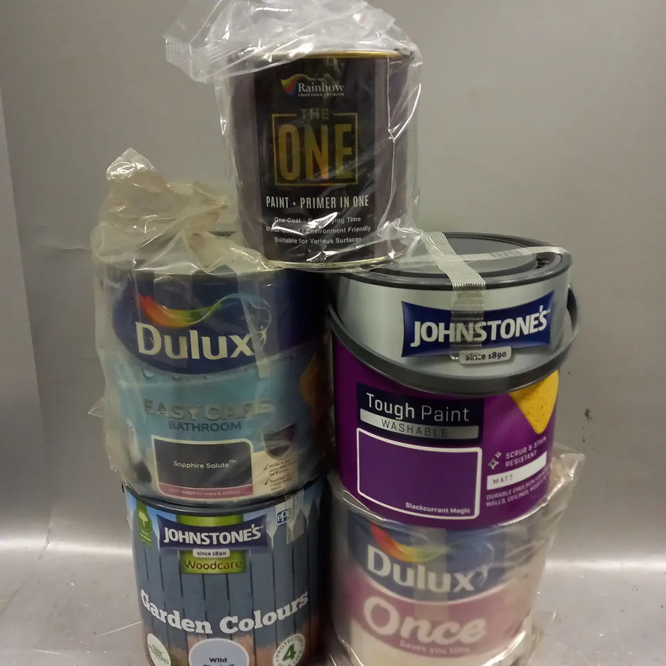 5 X SEALED ASSORTED PAINTS IN VARIOUS COLOURS TO INCLUDE WASHABLE MATT, FENCE PAINT, EASYCARE BATHROOM ETC - COLLECTION ONLY 