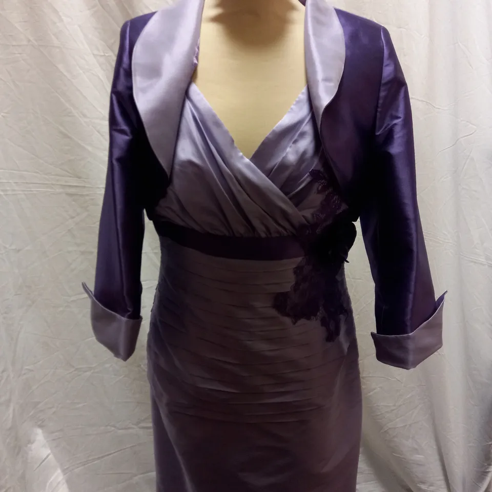 CARINA RUCHED FLORAL DRESS / BOLERO LILAC PURPLE JACKET - SIZE UK 10 