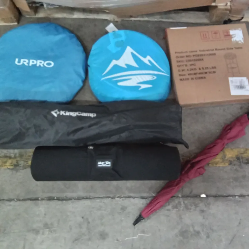 PALLET OF ASSORTED ITEMS INCLUDING INDUSTRIAL ROUND SIDE TABLE, UMBRELLA, URPRO POP UP TENT, KINGCAMP CAMPING CHAIR, CATERPILLAR TUNNEL