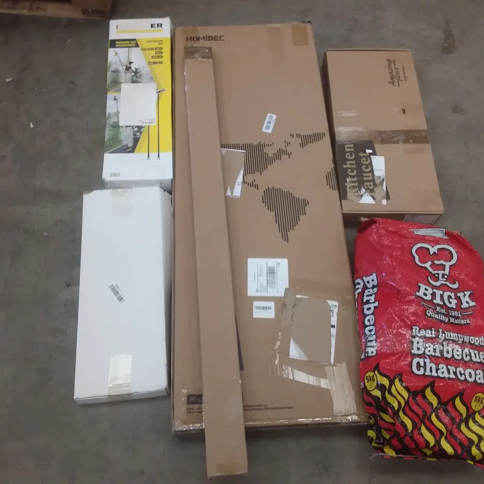 PALLET OF ASSORTED ITEMS INCLUDING BIGK REAL LUMPWOOD BARBECUE CHARCOAL, AMAZING FORCE KITCHEN FAUCET, KIRCHNER WINDOW VAC ACCESSORIES, HOMIDEC, GARCARE CORDED 2 IN 1 POLE HEDGE TRIMMER, ALLSOUNDA 
