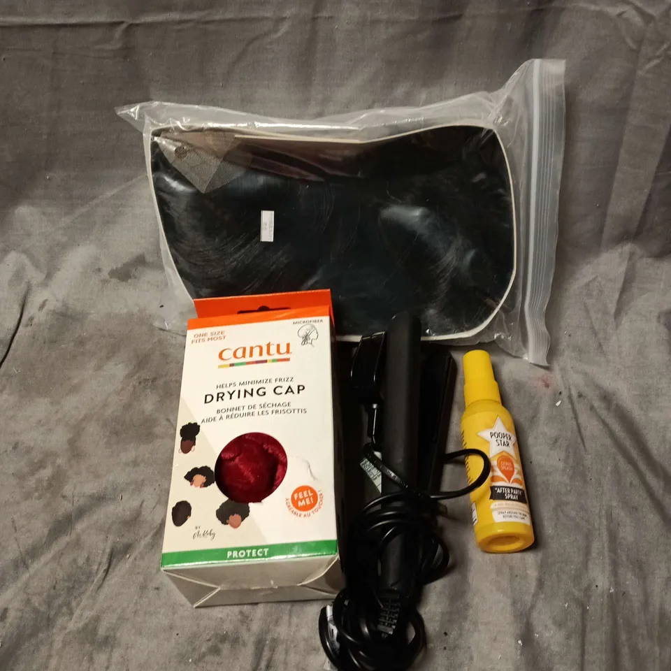BOX OF APPROXIMATELY 10 ASSORTED COSMETIC ITEMS TO INCLUDE CANTU DRYING CAP, POOPER STAR, WIGS, MINI STRAIGHTENERS ETC