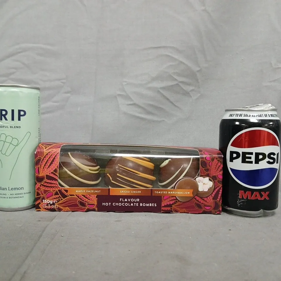 APPROXIMATELY 10 ASSORTED FOOD AND DRINK ITEMS TO INCLUDE PEPSI MAX, HUEL, HOT CHOCOLATE BOMBS, ETC