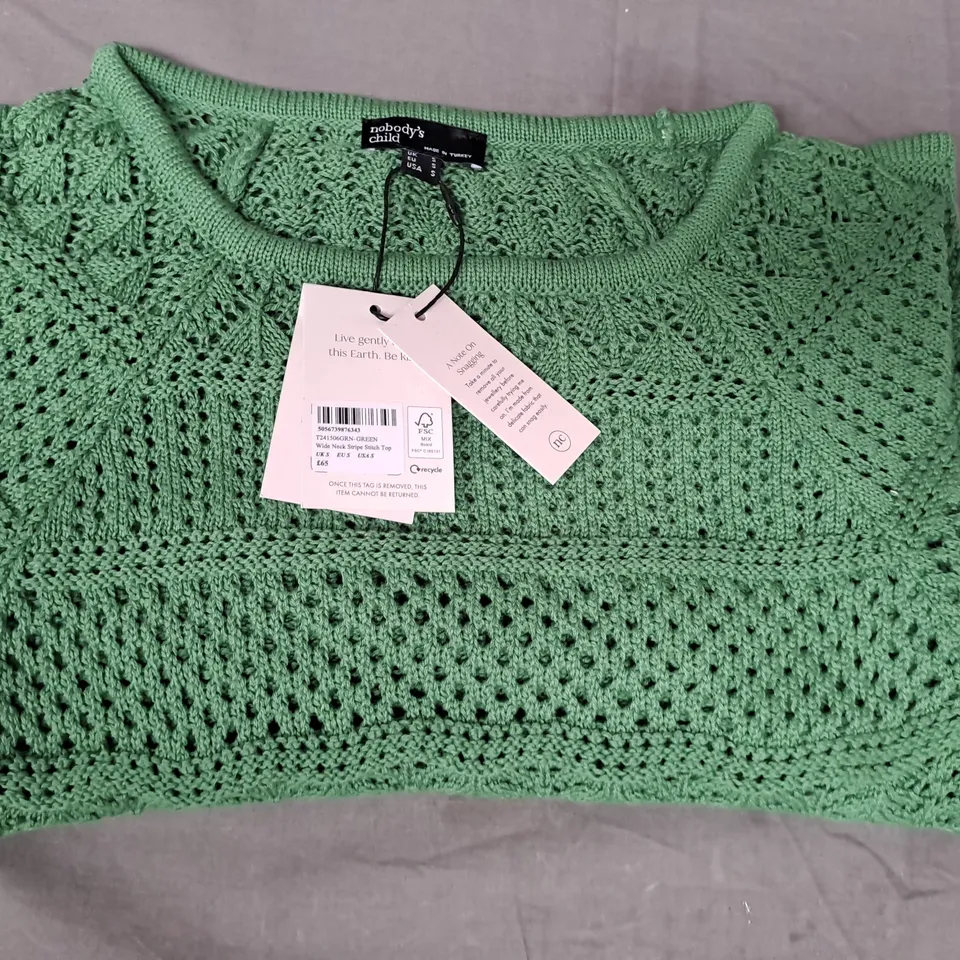 NOBODY'S CHILD WIDE NECK STRIPE STITCH TOP IN GREEN UK SIZE SMALL