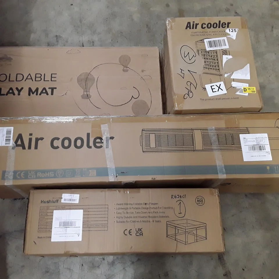 PALLET CONTAINING ASSORTED HOUSEHOLD PRODUCTS INCLUDING FOLDABLE PLAY MAT, AIR COOLERS, BABY PLAYPEN & CORNER DESK