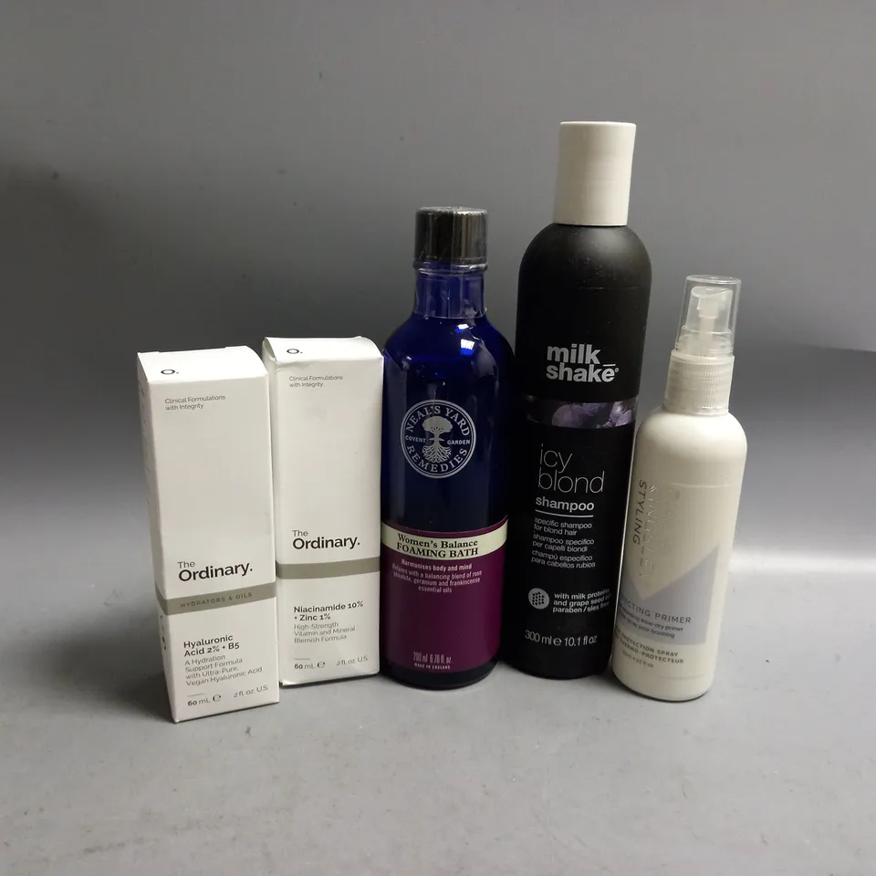 5 ASSORTED HEALTH AND BEAUTY PRODUCTS TO INCLUDE NEAL'S YARD REMEDIES WOMEN'S BALANCE FOAMING BATH, MILK SHAKE ICY BLONDE SHAMPOO, THE ORDINARY HYALURONIC ACID
