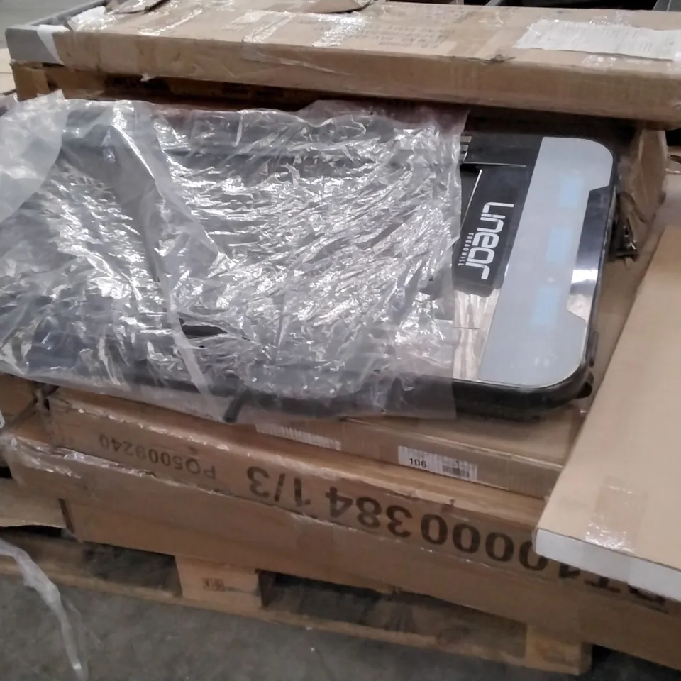 PALLET OF ASSORTED ITEMS INCLUDING ECO 18 SHELF PACK, LINEAR TREADMIL, RAVELL EXTENDING DINING TABLE PARTS, BOXED FLATPACK FURNITURE PARTS