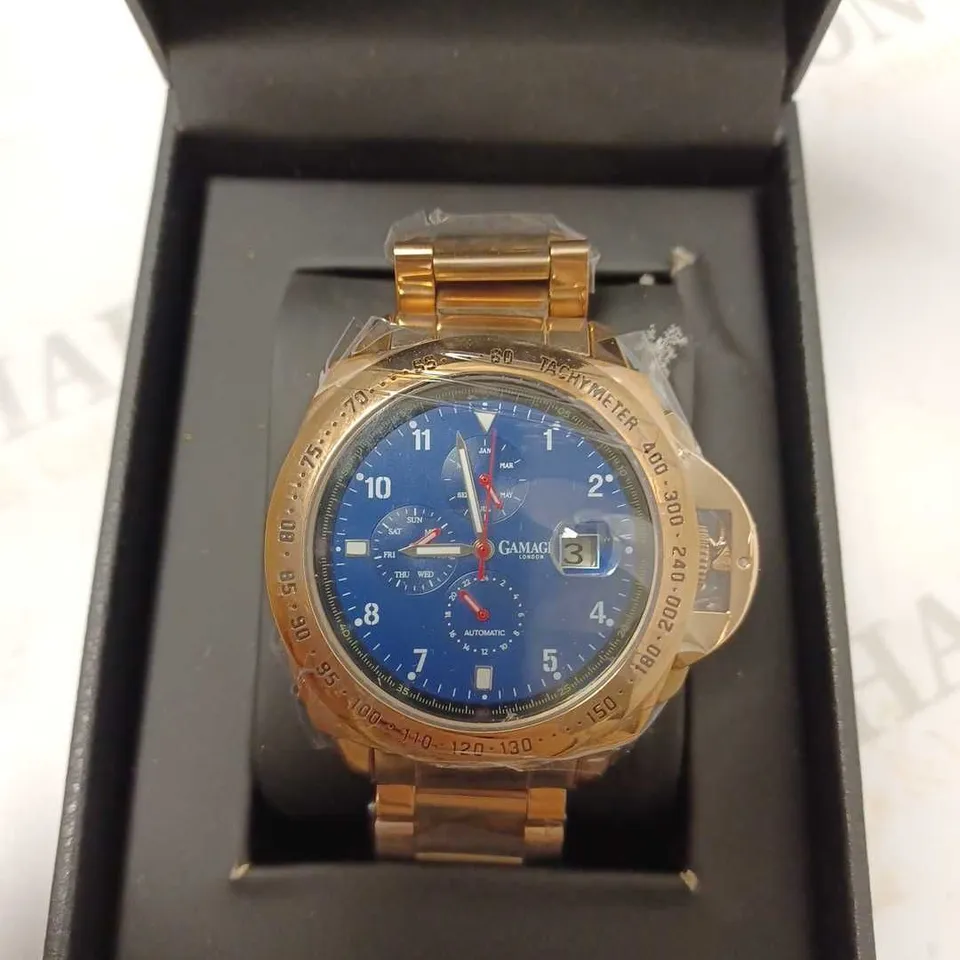 GAMAGES MOMENTUM ROSE TRIPLE DATE DIAL TACHYMETER BRACELET STRAP WRISTWATCH	