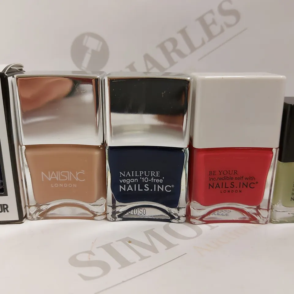 BOX OF APPROX 10 NAILS INC LONDON NAIL POLISHES IN ASSORTED COLOURS