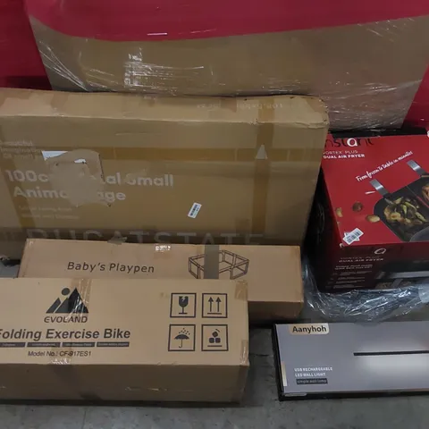 PALLET OF ASSORTED ITEMS INCLUDING: FOLDING EXERCISE BIKE, AIR FRYER, ANIMAL CAGE, BABY PLAYPEN, LED WALL LIGHT