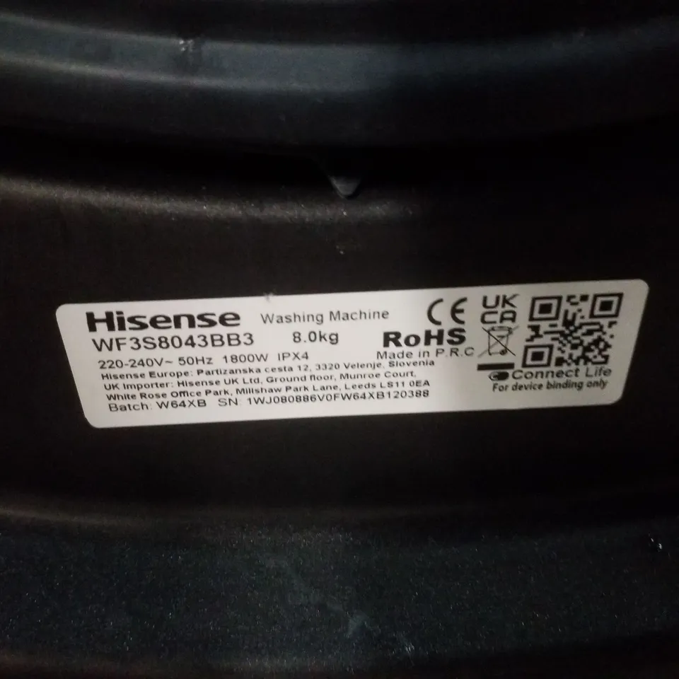 HISENSE WF3S8043BB3 WASHING MACHINE, 8KG, 1400 SPIN, BLACK, A RATED