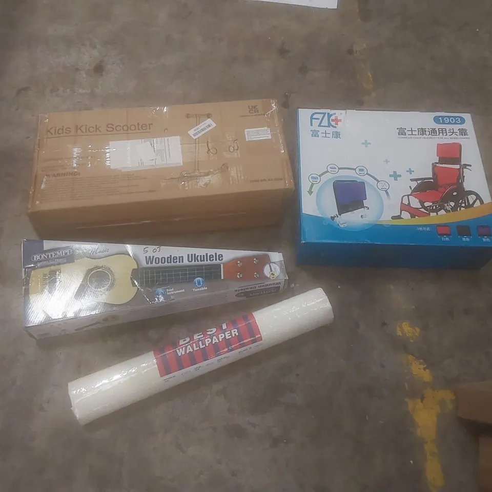PALLET OF ASSORTED HOUSEHOLD ITEMS AND CONSUMER PRODUCTS TO INCLUDE; WALLPAPER, KIDS SCOOTER, WOODEN UKULELE, BOXED FURNITURE ETC 