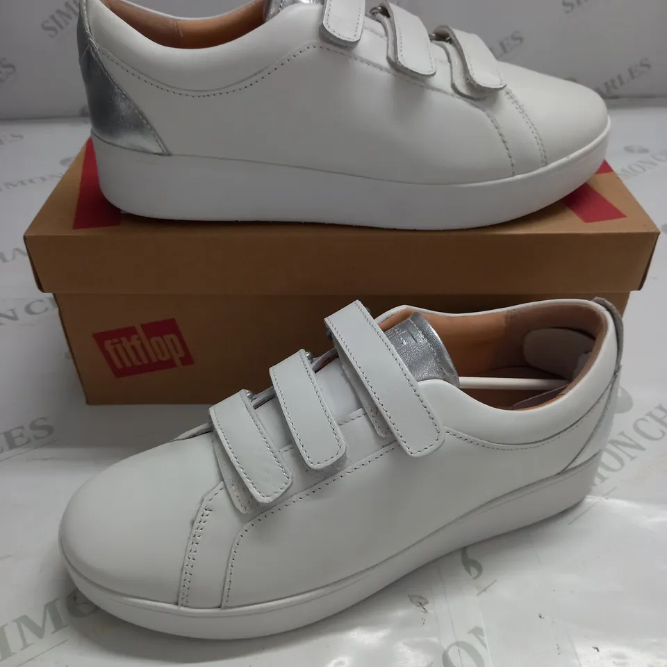 BOXED PAIR OF RALLY METALLIC BACK LEATHER STRAP SNEAKERS IN WHITE - UK 5.5