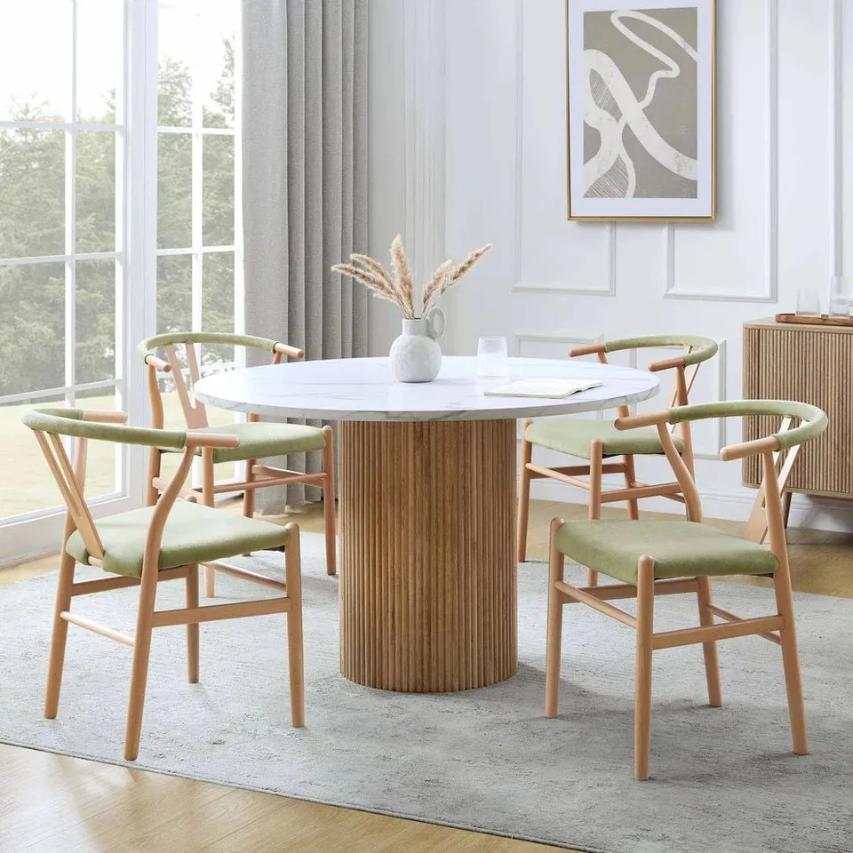 BOXED DUSK HATTIE PANEL ROUND 4-6 SEATER PEDESTAL DINING TABLE - NATURAL/MARBLE (2 BOXES)