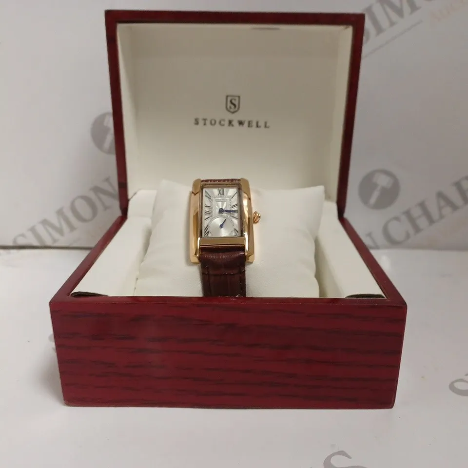 BOXED STOCKWELL LUXURY LADIES WATCH - TEXTURED DIAL WITH SUB DIAL MINUTE HAND - LEATHER STRAP 