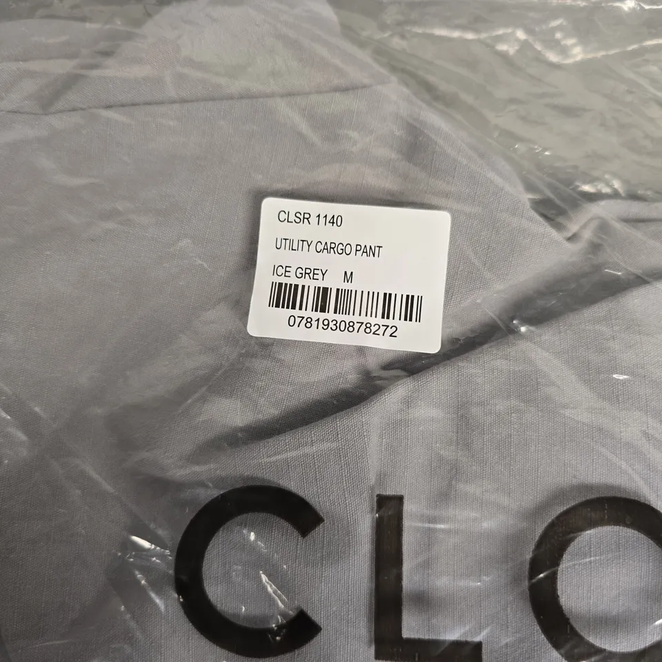 BAGGED CLOSURE LONDON UTILITY CARGO TROUSERS – ICE GREY – SIZE M 