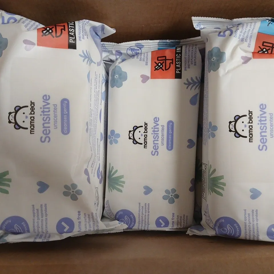BOX TO CONTAIN APPROXIAMTELY 18 PACKS OF MAMA BEAR SENSITIVE UNSCENTED BABY WIPES (56 WIPES PER PACK)