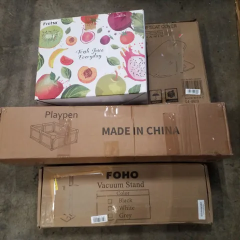 PALLET CONTAINING ASSORTED PRODUCTS TO INCLUDE TOILET SEAT, PLAYPEN, VACUUM STAND, SLOW JUICER