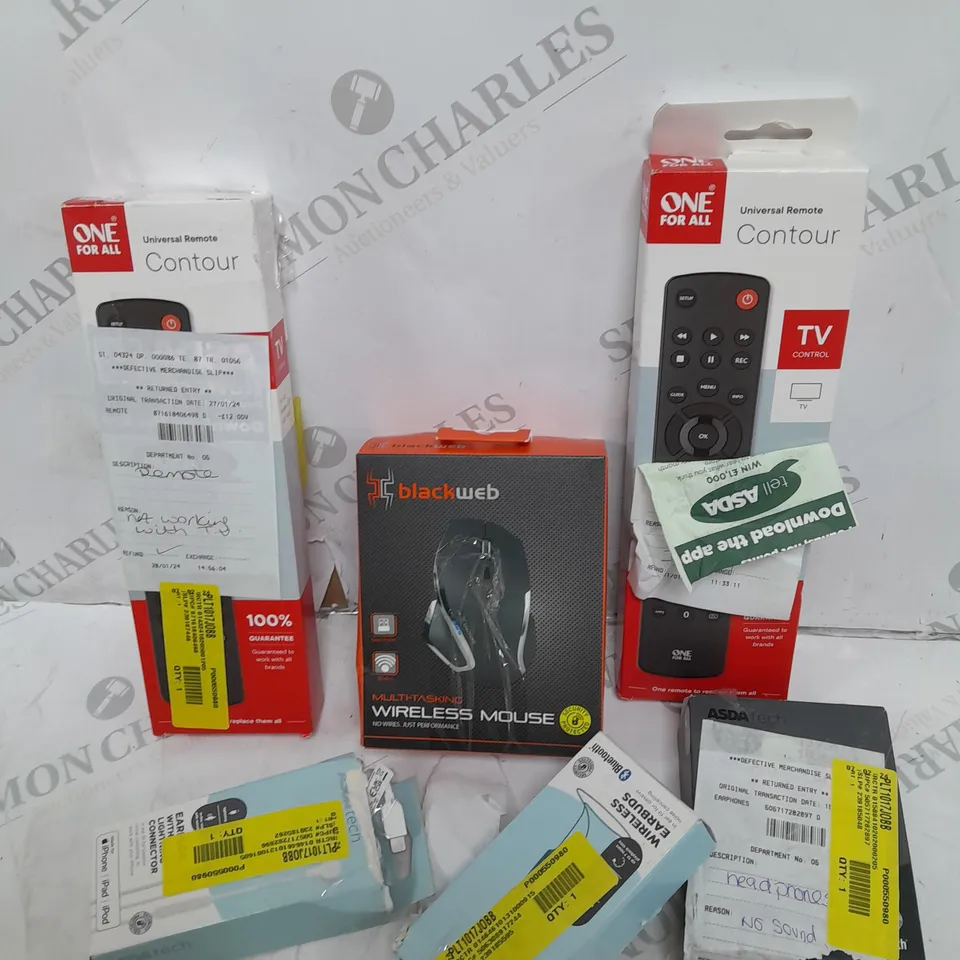 APPROXIMATELY 20 ASSORTED ASDA TECH ITEMS INCLUDING ONE FOR ALL REMOTES, BLACK WEB MOUSE