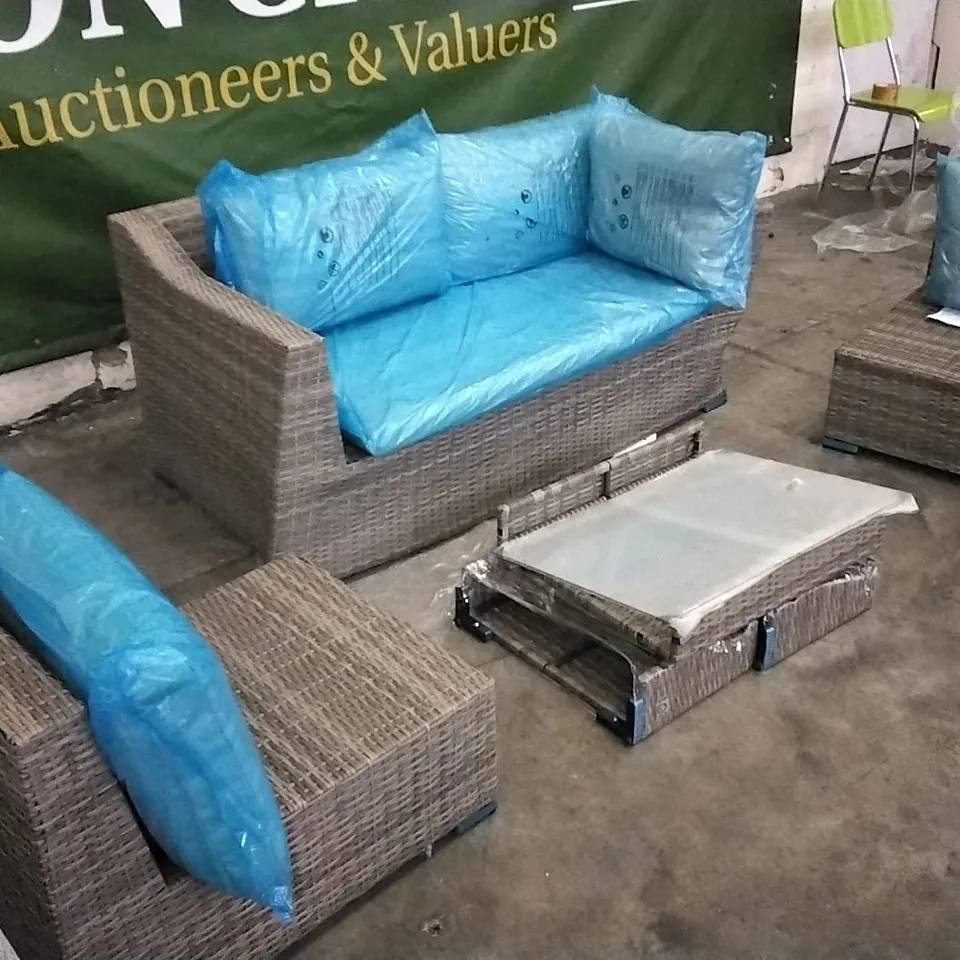 RATTAN EFFECT COFFEE SET WITH BENCH, TABLE AND 2 CHAIRS