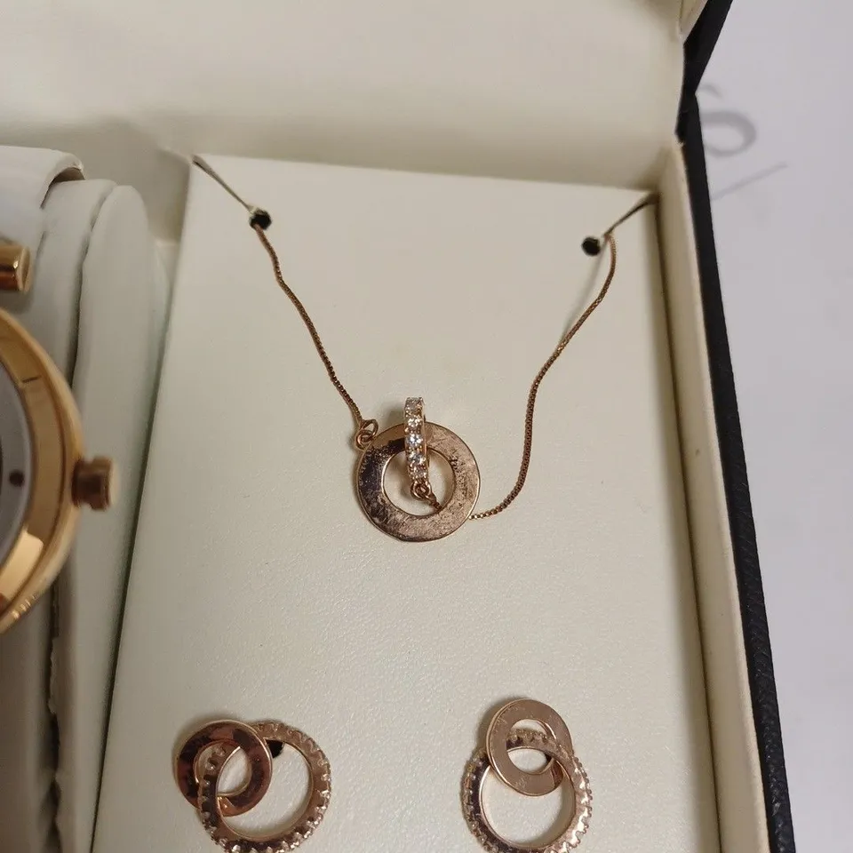 BOXED ROTARY LADIES WHITE & ROSE GOLD DIAL WATCH WITH NECKLACE AND EARRINGS - ROSE GOLD