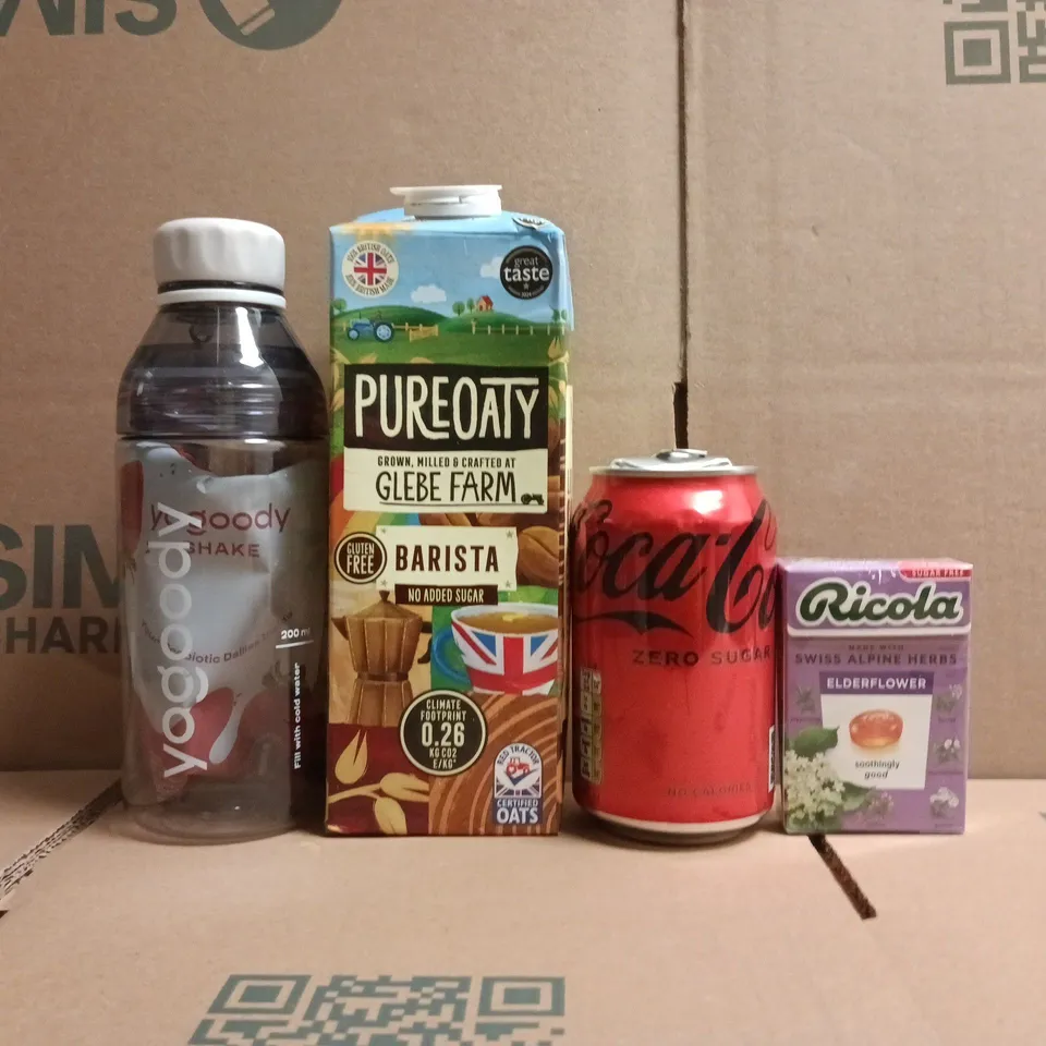 APPROXIMATELY 10 ASSORTED FOOD AND DRINK ITEMS TO INCLUDE RICOLA, COCA-COLA, PUREOATY, ETC