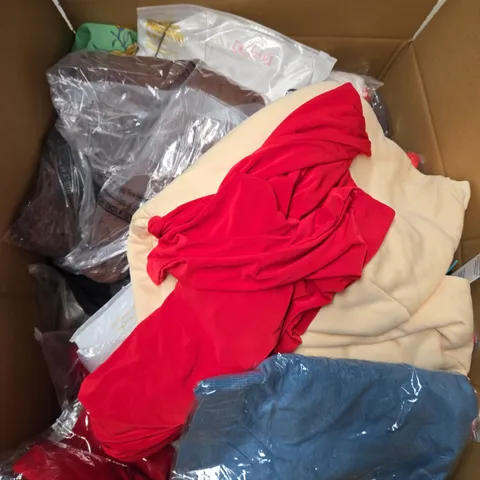 LARGE BOX OF ASSORTED CLOTHING ITEMS IN VARIOUS SIZES, STYLES AND COLOUR 