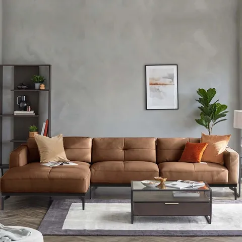 BOXED DANETTI COLTON TAN LEATHER LEFT HAND CORNER CHAISE SOFA (INCOMPLETE, SOFA ONLY NO CHAISE, BOX 1 OF 2 ONLY)