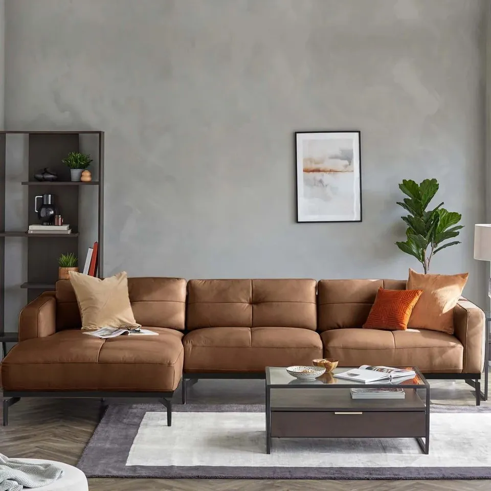 BOXED DANETTI COLTON TAN LEATHER LEFT HAND CORNER CHAISE SOFA (INCOMPLETE, SOFA ONLY NO CHAISE, BOX 1 OF 2 ONLY)