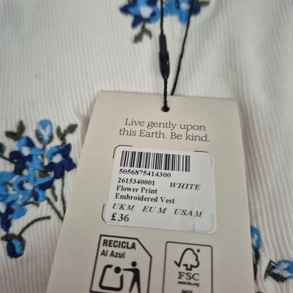 NOBODY'S CHILD WHITE FLOWER PRINT EMBROIDERED VEST UK M