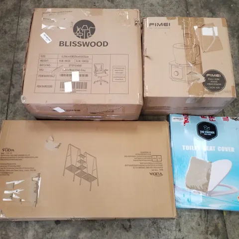 PALLET OF ASSORTED PRODUCTS INCLUDING MESH CHAIR GREY, FOOD PROCESSOR, TOILET SEAT, METAL CLOTHES RACK WITH STORAGE SHELF