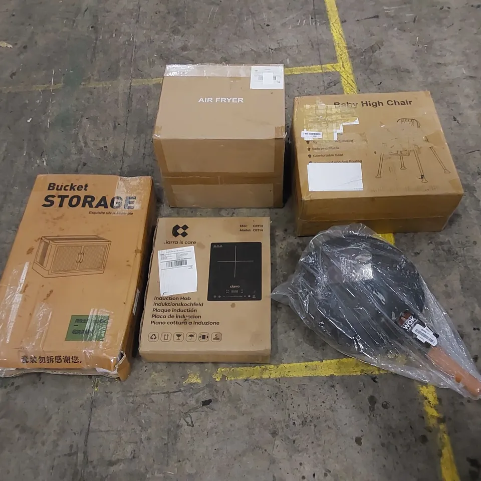 PALLET TO CONTAIN ASSORTED HOUSEHOLD ITEMS AND CONSUMER PRODUCTS. INCLUDING WOK, BABY HIGH CHAIR, AIR FRYER, INDUCTION HOB, DEHUMIDIFIER ETC