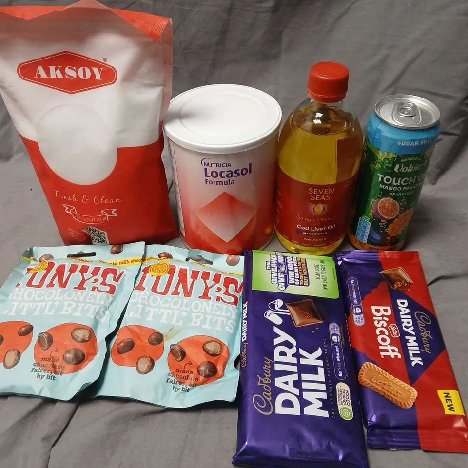 APPROXIMATELY 10 ASSORTED FOOD ITEMS TO INCLUDE - TONYS CHOCOLATE, DAIRY MILK AND COD LIVER OIL