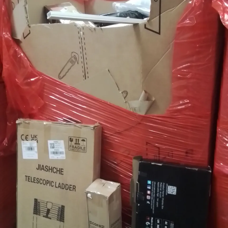 PALLET OF ASSORTED HOUSEHOLD GOODS AND PRODUCTS TO INCLUDE;DISPLAY BOX,EXERCISE MAT,TELESCOPIC LADDER