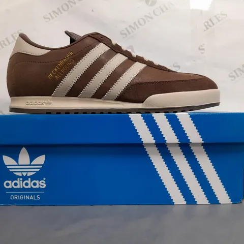 BOXED PAIR OF ADIDAS BECKENBAUER SHOES IN BROWN/WHITE UK SIZE 9