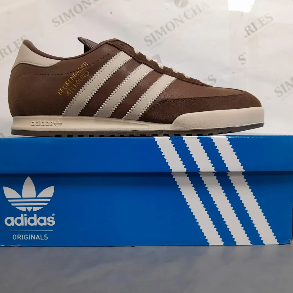 BOXED PAIR OF ADIDAS BECKENBAUER SHOES IN BROWN/WHITE UK SIZE 9