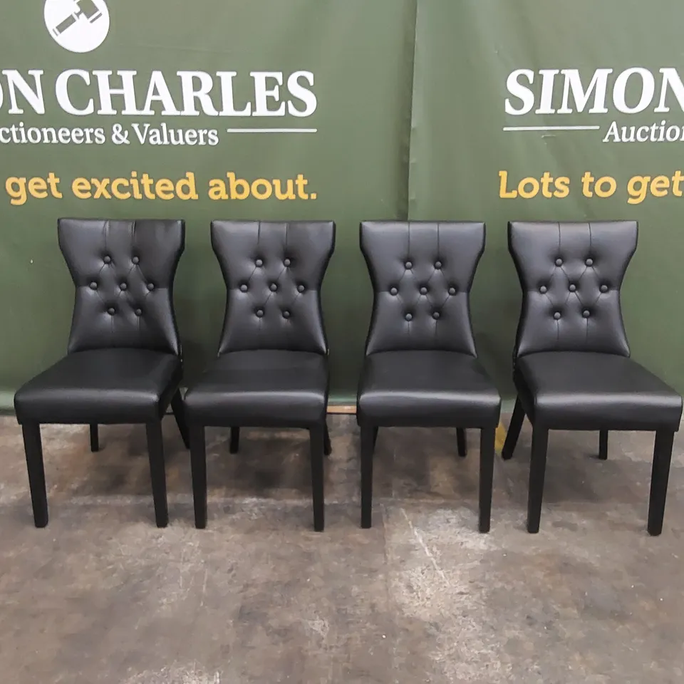 SET OF 4 KENSINGTON BLACK FAUX LEATHER BUTTON BACK DINING CHAIRS - BLACK LEGS 