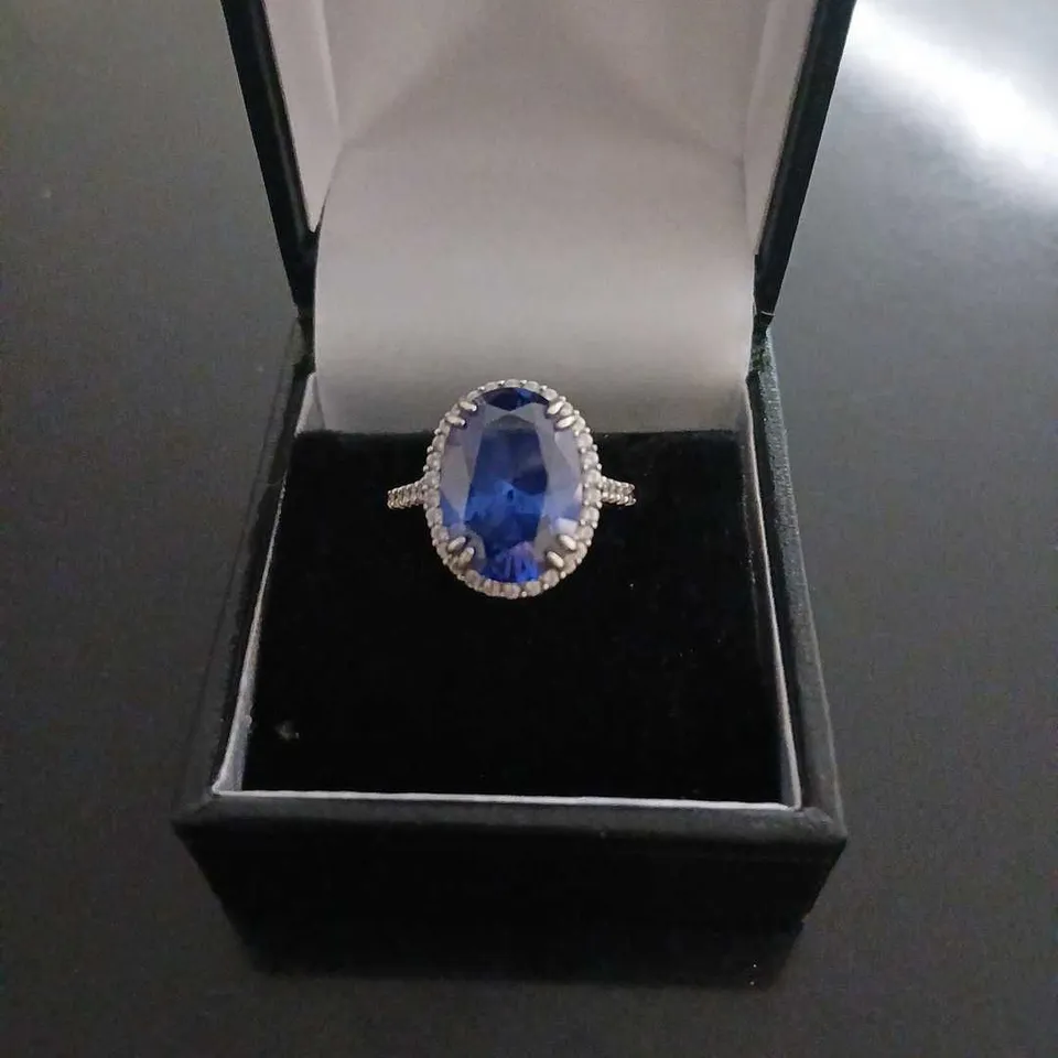 DIAMONIQUE SIMULATED TANZANITE COCKTAIL RING RHODIUM PLATED