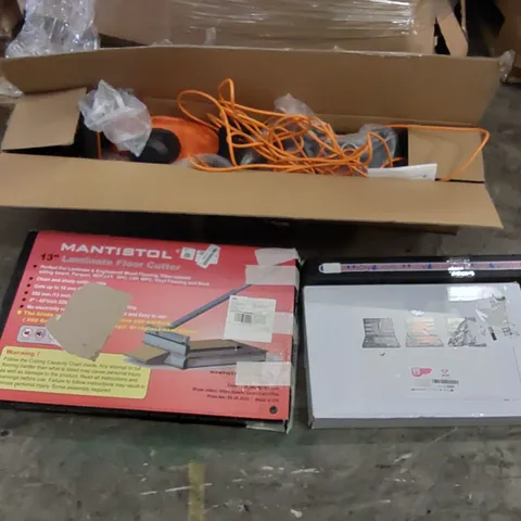 PALLET OF ASSORTED ITEMS INCLUDING: HEDGE TRIMMER, LAMINATE FLOOR CUTTER, TORQUE WRENCH, DICE SET