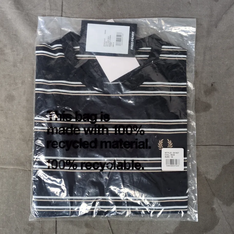BAGGED FRED PERRY STRIPED T-SHIRT IN NAVY SIZE 12