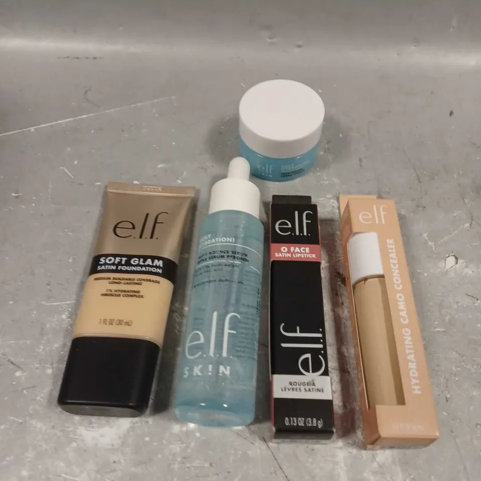 ELF LOT OF 5 ASSORTED COSMETIC ITEMS TO INCLUDE - HYDRATING CAMO CONCEALER IN LIGHT IVORY - HOLY HYDRATION! FACE CREAM - HOLY HYDRATION! TRIPLE BOUNCE SERUM - ETC