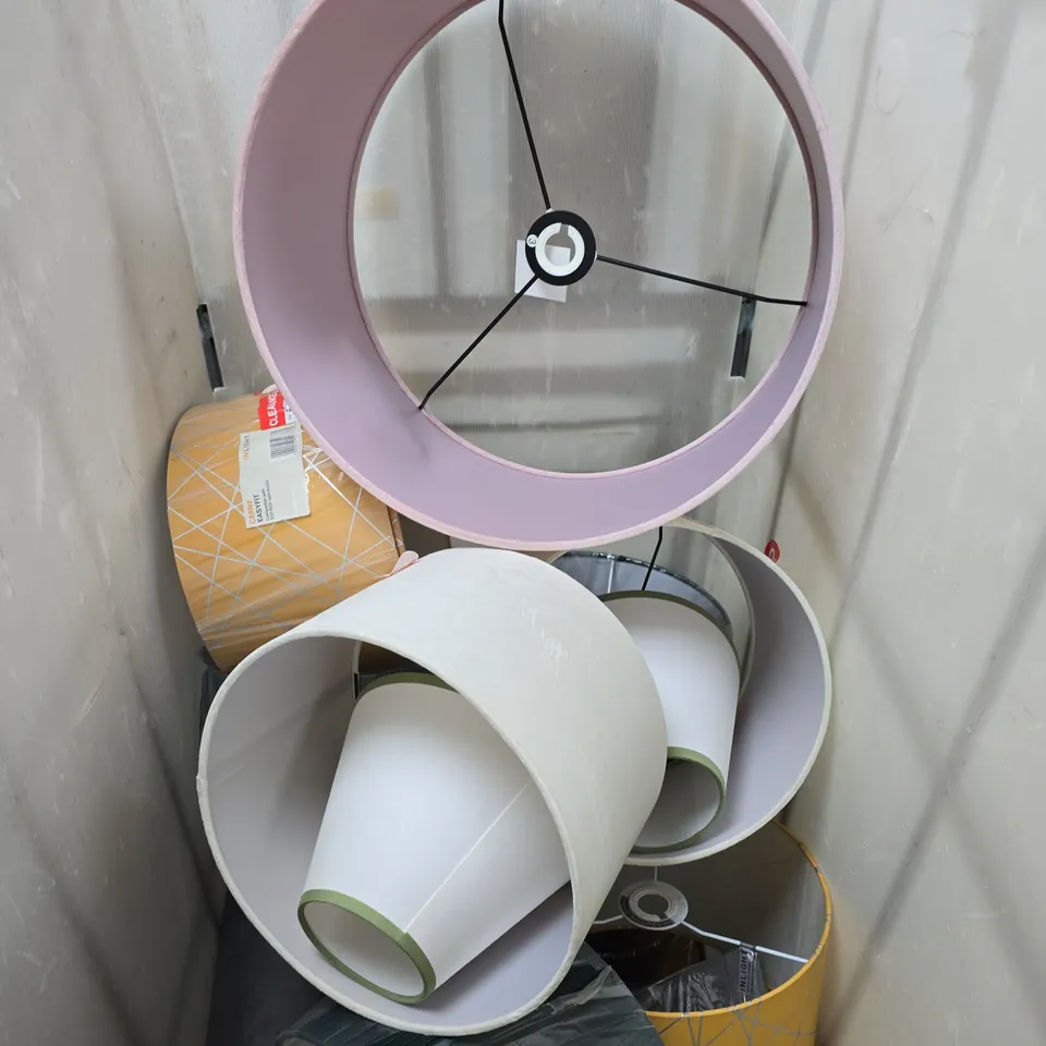 CAGE OF APPROXIMATELY 15 LAMPSHADES VARIOUS COLOURS, SIZES AND STYLES