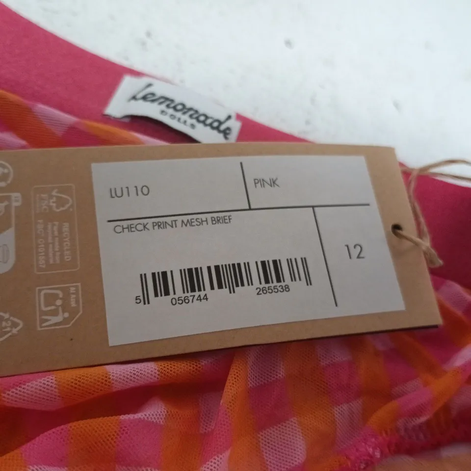 LEMONADE DOLLS WOMEN'S PINK CHECK PRINT MESH BRIEF – SIZE 12 