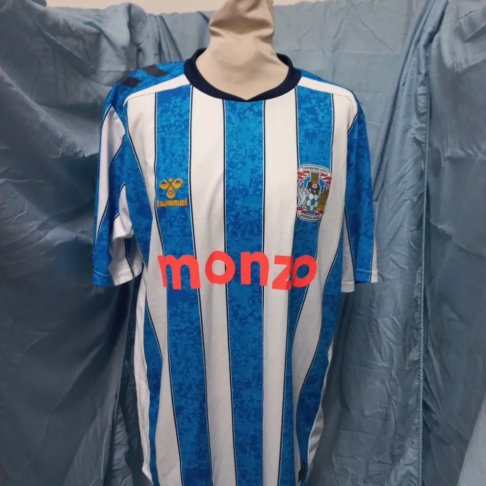 COVENTRY CITY FC HOME SHIRT – RETRO BLUE/WHITE STRIPES – HUMMEL, MONZO – SIZE L