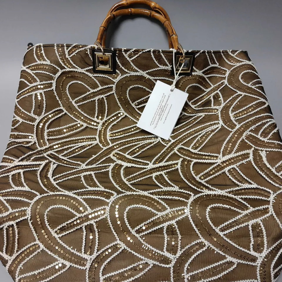 BRAND NEW BROWN PEPPER HANDBAGS SPIRAL PATTERN SEQUIN DECORATED TOTE BAG