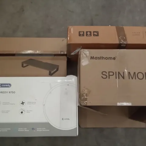 PALLET OF ASSORTED ITEMS INCLUDING MASTHOME SPIN MOP, PORTABLE WARDROBE, MONITOR STAND, COREDY ROBOT VACUUM CLEANER, 15.6" PORTABLE VIDEO PLAYER, FORGING MOUNT TV WALL MOUNT