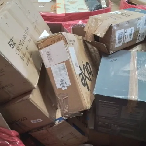 PALLET CONTAINING VARIOUS ASSORTED BOXED HOUSEHOLD ITEMS TO INCLUDE: DUAL ZONE AIR FRYER, CEILING FAN LIGHT, PRESSURE WASHER AND LOTS MORE UNMARKED BOXED ITEMS 