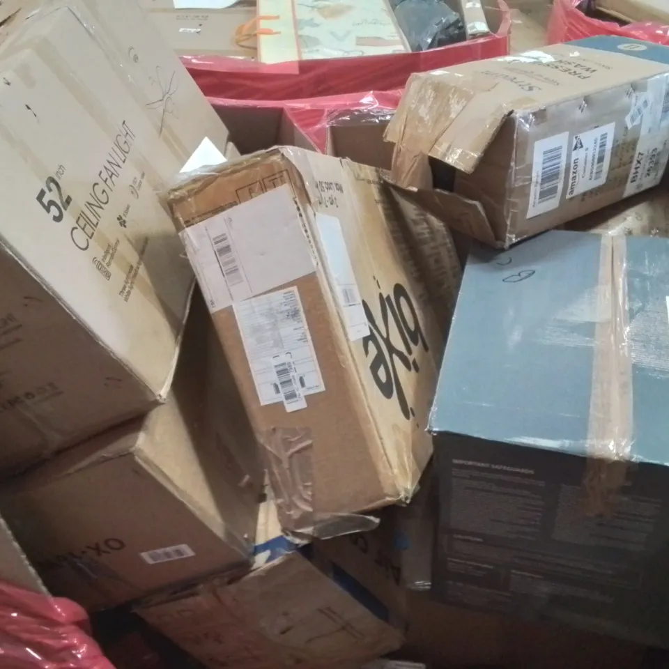 PALLET CONTAINING VARIOUS ASSORTED BOXED HOUSEHOLD ITEMS TO INCLUDE: DUAL ZONE AIR FRYER, CEILING FAN LIGHT, PRESSURE WASHER AND LOTS MORE UNMARKED BOXED ITEMS 