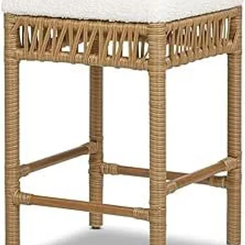 BOXED LUCIA 25.5" BACKLESS UPHOLSTERED COUNTER STOOL WITH RESIN RATTAN FRAME, IVORY WHITE BOUCLÉ (1 BOX)