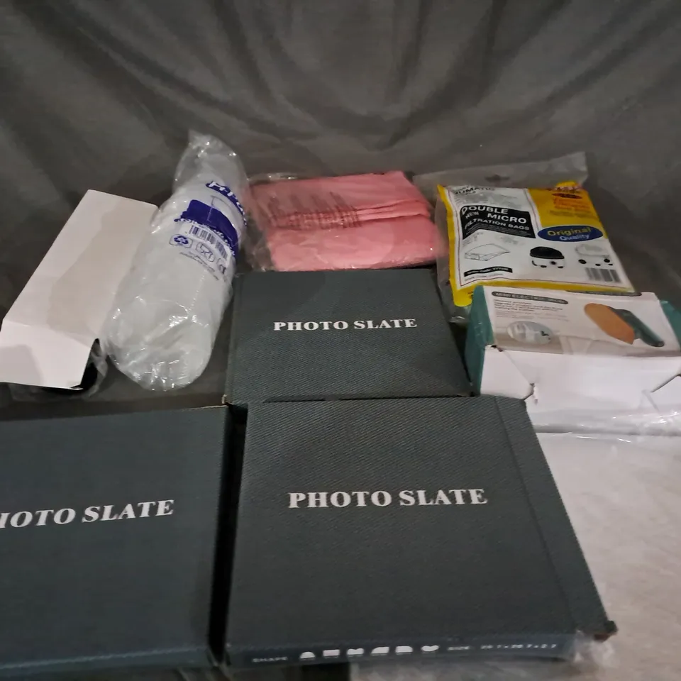 BOX OF APPROXIMATELY 15 ASSORTED ITEMS TO INCLUDE: SLATE PHOTOFRAMES & MINI ELECTRIC IRON